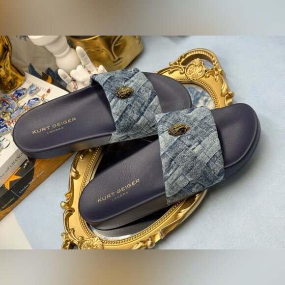 🆕 KURT GEIGER LONDON 🧿 NWOB Blue Denim Meena Eagle Slides, Sz EU 40 US 9 - Picture 6 of 10